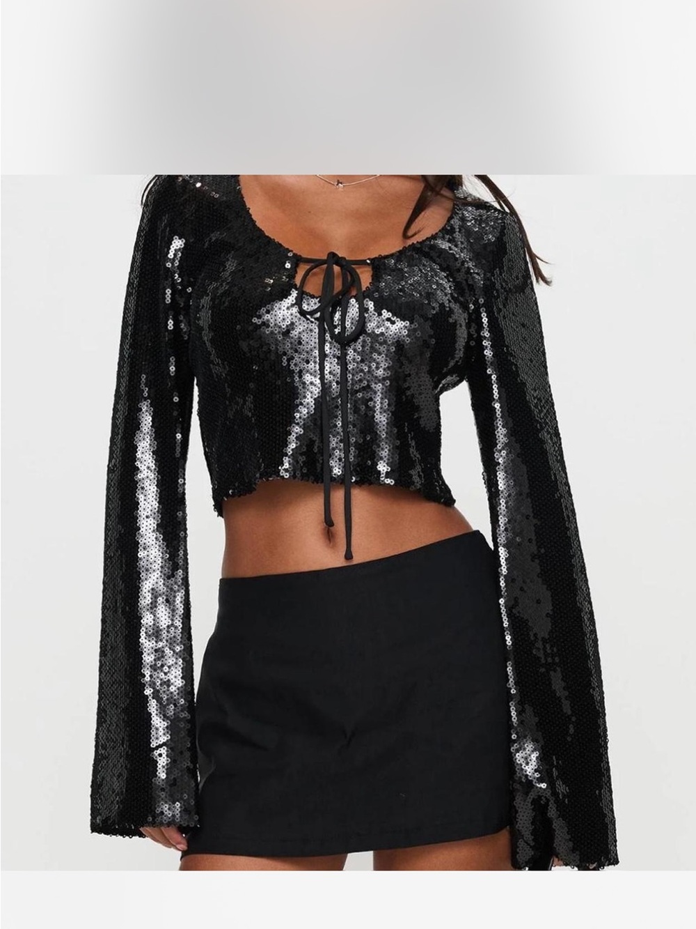 Princess Polly Black Sequin Tie-Front Crop Top